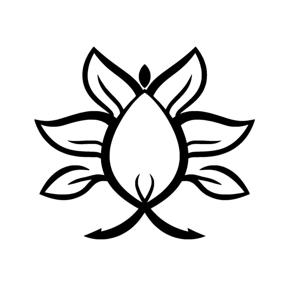 A stylized black and white floral , featuring a symmetrical arrangement of leaves surrounding a central teardrop shape, emanating from the center vector
