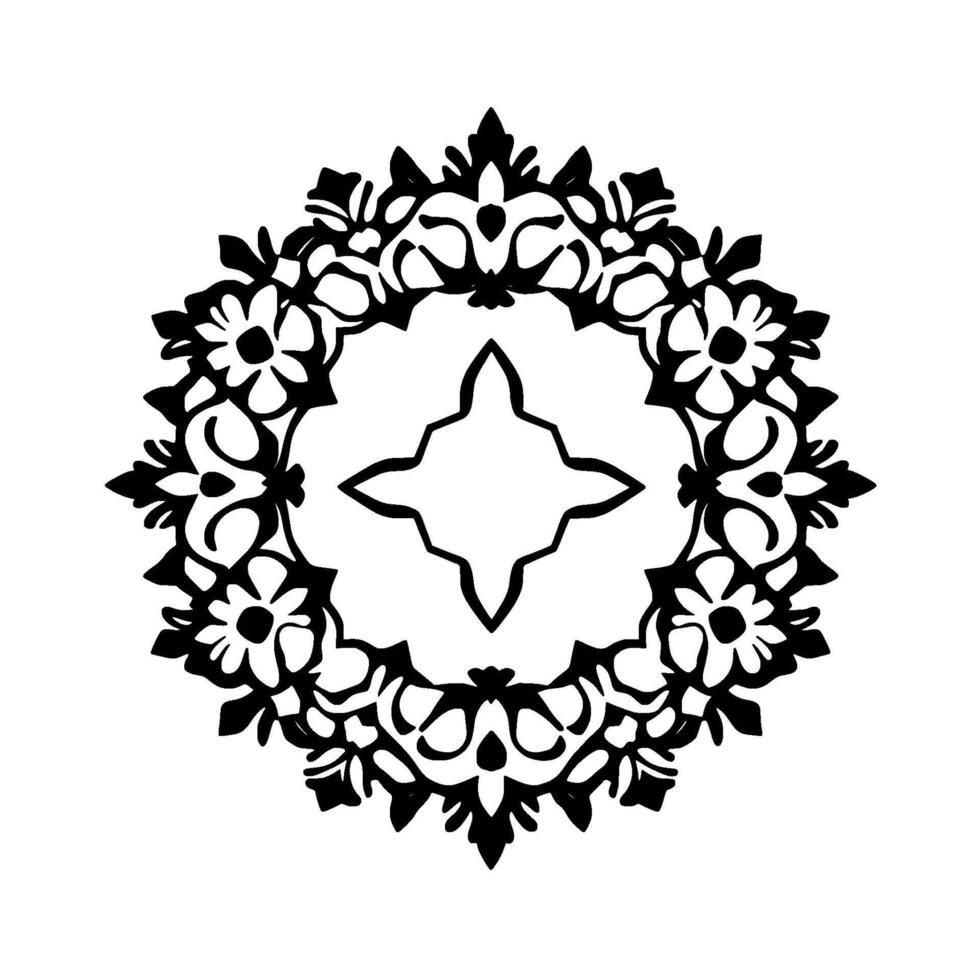 Ornate Circular Black and White Floral Mandala with Geometric Center on White Background, Detailed Decorative. vector