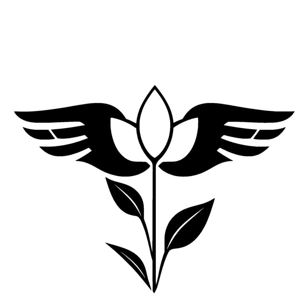 Abstract Winged Floral Emblem Black and White Silhouette Featuring a stylized flower atop a stem with leaves and humanlike wing details. vector