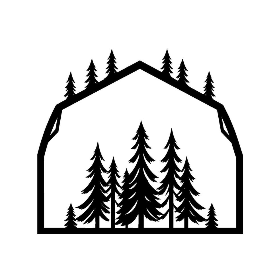 Stylized Black and White Forest Silhouette Contained Within a Geometric Frame, Evoking Nature and Wilderness. vector