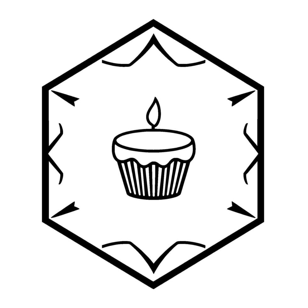 Minimalist Black White Geometric Featuring a Cupcake with Lit Candle Enclosed in a Decorative Hexagon Frame. vector