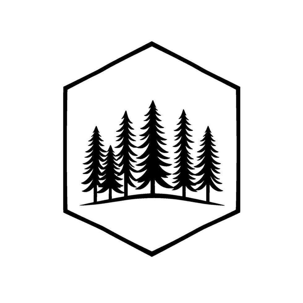 Black and White Minimalist Hexagon Featuring Silhouetted Evergreen Trees on a Hill. vector