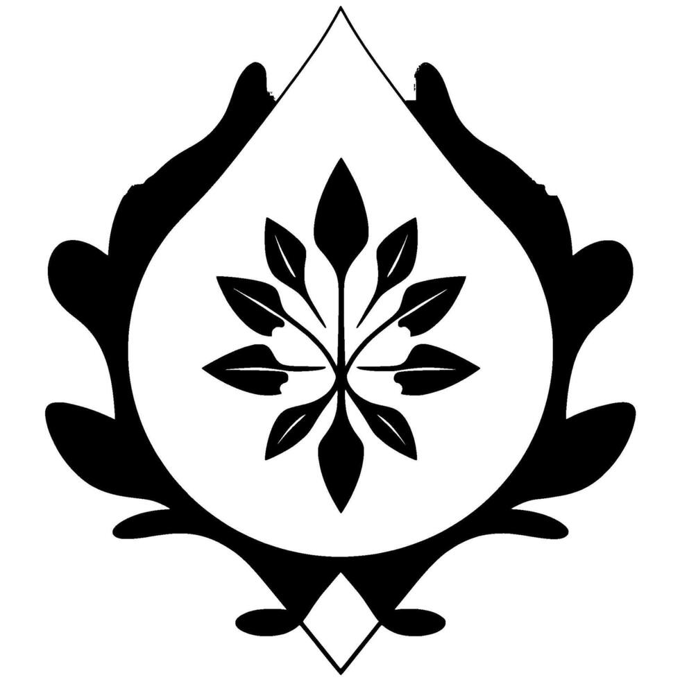 Elegant Black and White Floral Emblem Symmetrical Leaf Arrangement within a Decorative, Flowing Frame on a White Backdrop. vector