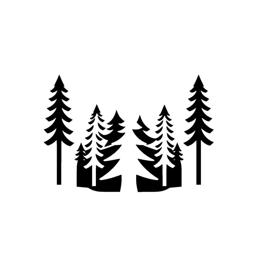 Minimalist Black and White Silhouette of a Group of Evergreen Trees in a Forest, Isolated on White Background. vector