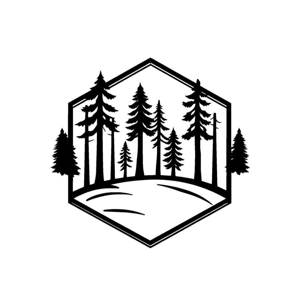 Hexagonal Emblem Silhouette of a Forest Scene with Trees, Ground, and Geometric Frame, Black and White Art. vector