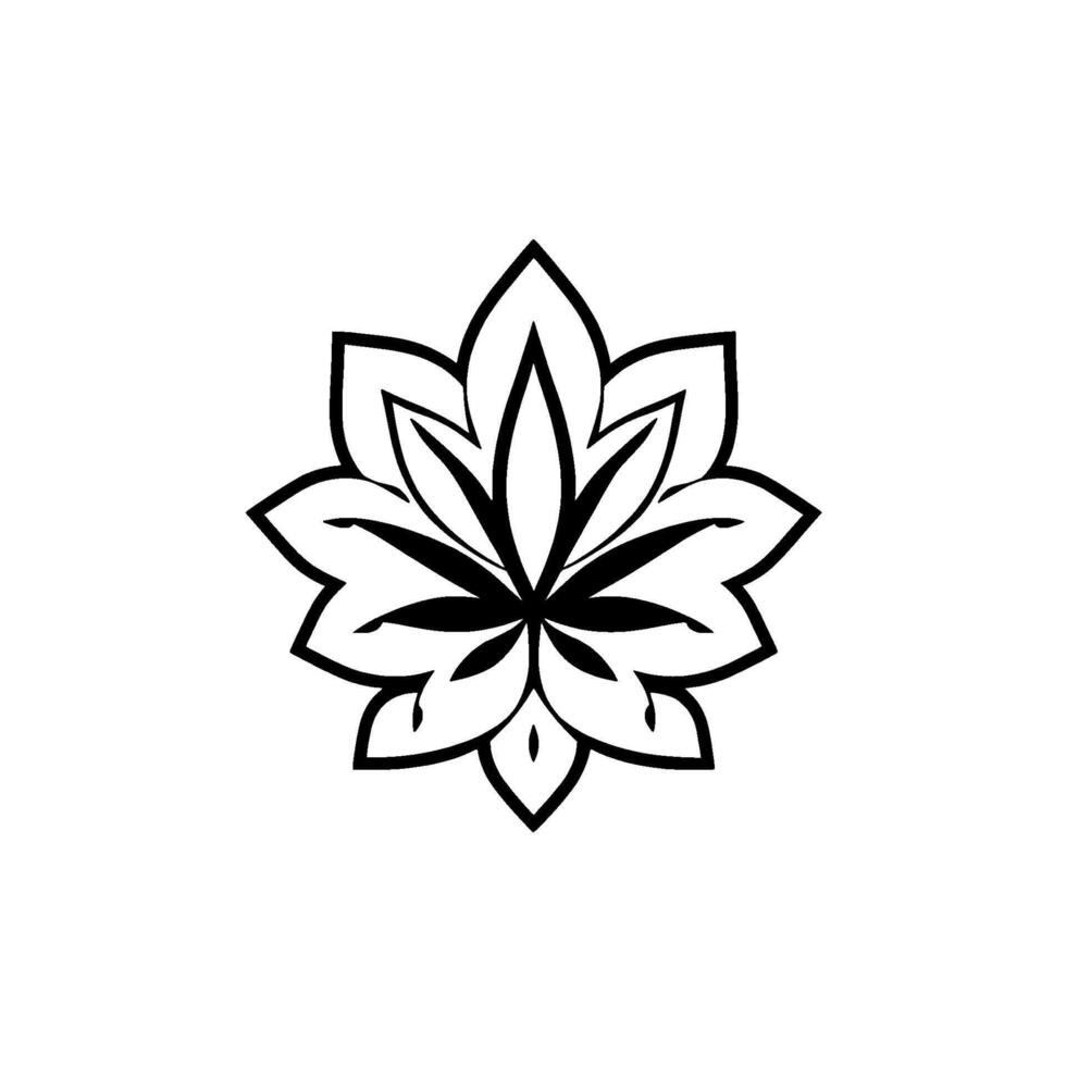 Intricate black and white floral , symmetrical, stylized flower with leaf accents, on a clean white background, reminiscent of a lotus. vector