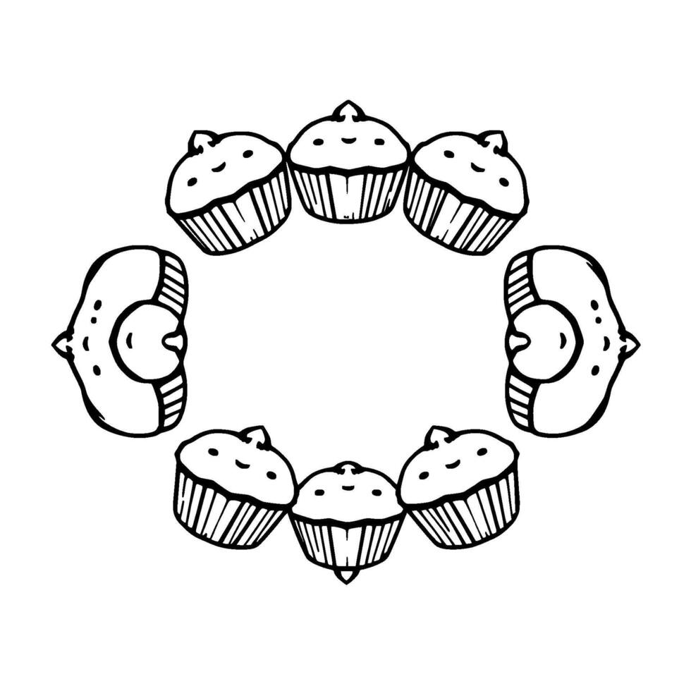 Circular Black and White Illustration Eight stylized cupcakes and dessert shapes arranged in a circle, with a white background and minimalistic linework. vector