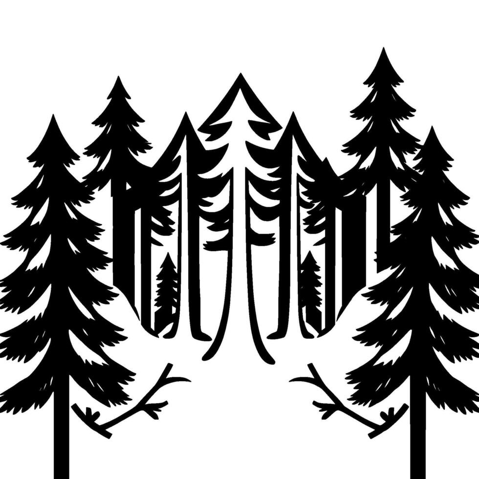 Stylized black and white illustration of a forest scene with multiple fir trees, minimalist and a serene ambiance. vector