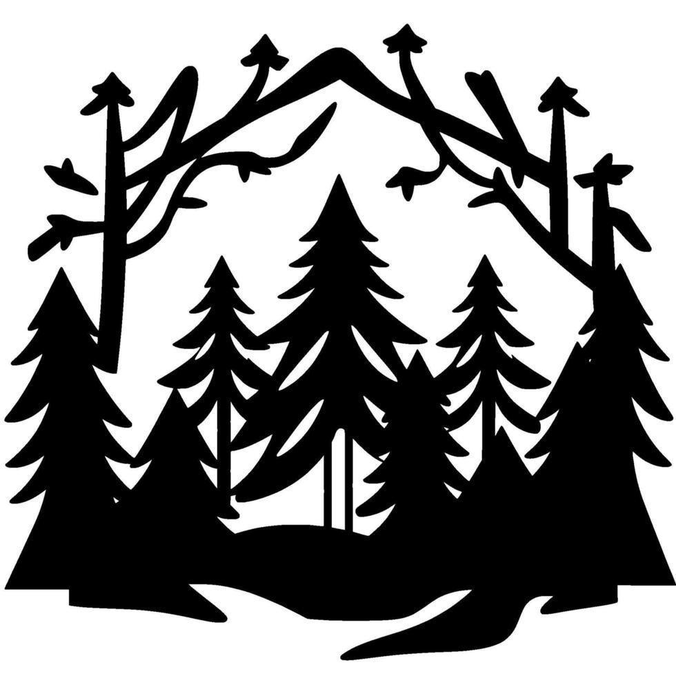 Black silhouette forest scene featuring fir trees, branches, and a mountain arch, all set against a white backdrop. vector