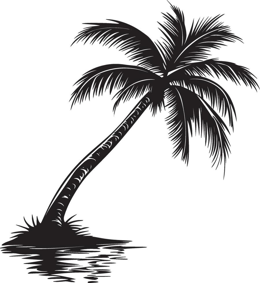 Tropical Palm Tree Arched Over Water A curved trunk extending across a serene lake, with lush fronds draping above. Full-length silhouette black design. vector
