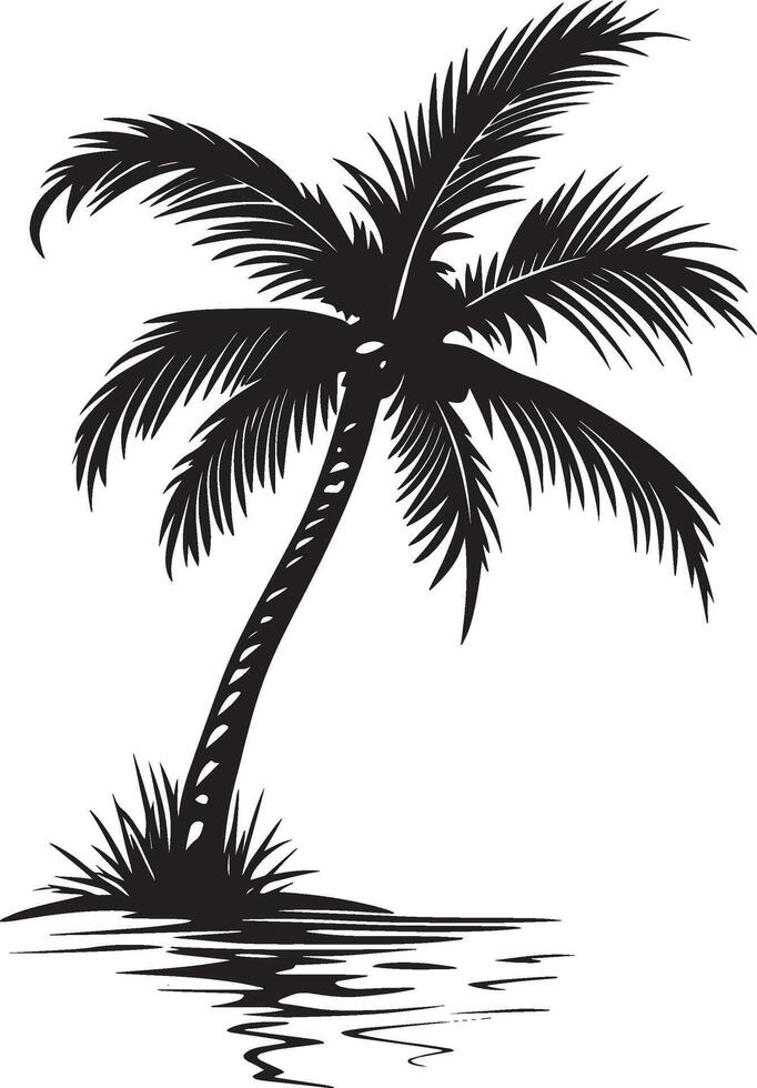 Palm Tree Leaning Over Water A slanted trunk stretching over a body of water with fronds hanging above it. full length silhouette black illustration vector