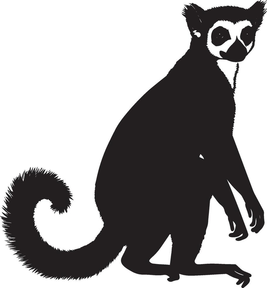 Lemur on High Alert Body standing upright with ears raised, tail extended, and fully aware of its surroundings. Full-length silhouette black design. vector