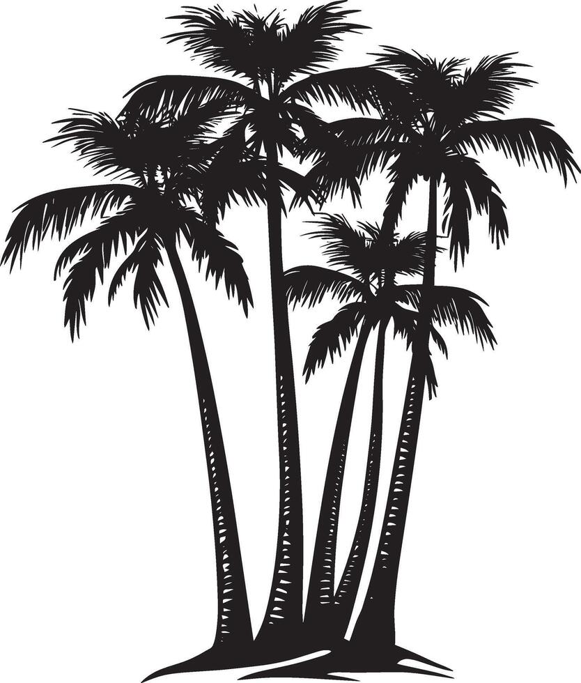 Group of Palm Trees Several palm trees arranged closely, each with trunks positioned at varying angles, all crowned with lush fronds. Full-length silhouette black design. vector