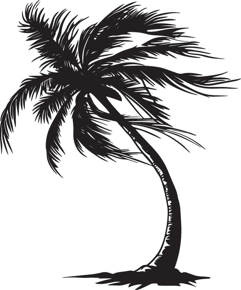 Palm Tree with Windswept Leaves An upright trunk supporting fronds that curve and sway in the breeze, giving a dynamic appearance. Full-length silhouette black design. vector