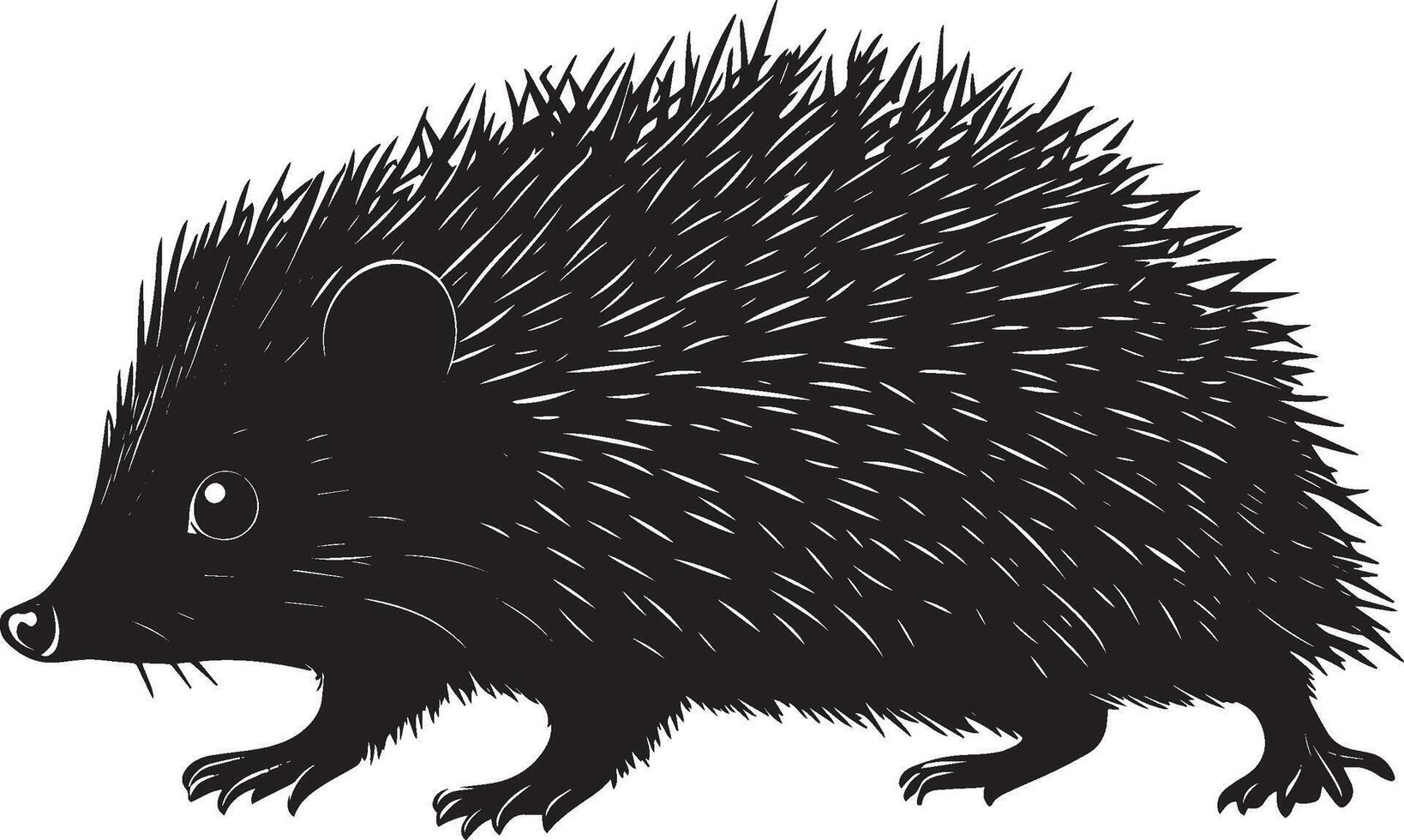 Hedgehog on an Adventure Body in motion, cautiously sniffing its surroundings while displaying a curious and alert stance. Full-length silhouette black design. vector