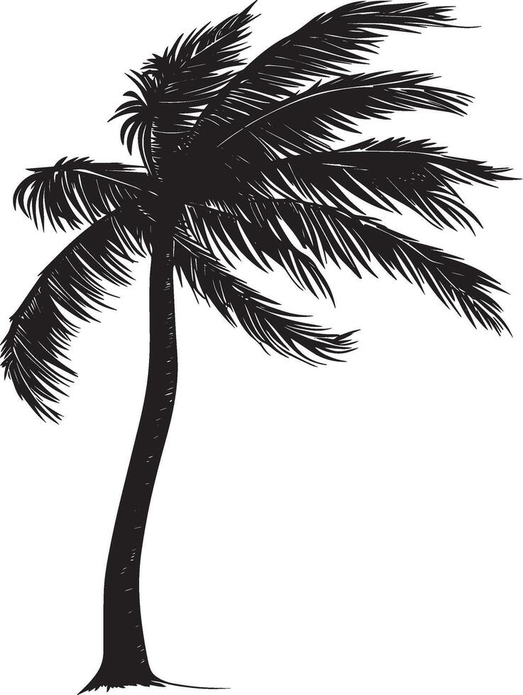 Windblown Palm Tree A vertical trunk with fronds bending and fluttering in the wind, creating an elegant, curved silhouette. Full-length silhouette black illustration. vector
