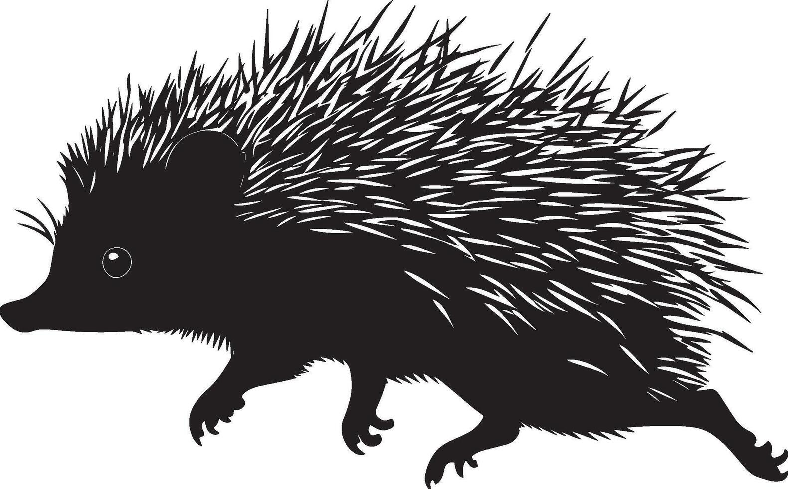 Hedgehog in Motion Body extended with legs rapidly moving, and tail trailing behind in a swift dash. Full-length silhouette black design. vector