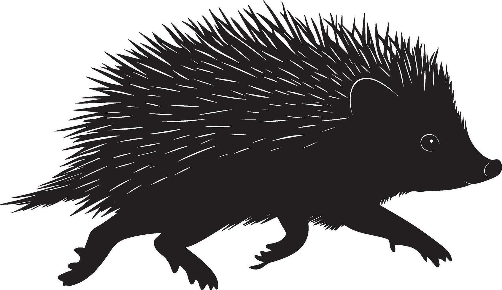 Hedgehog Running Body stretched out with legs moving quickly, tail trailing behind in a quick motion. full length silhouette black illustration vector