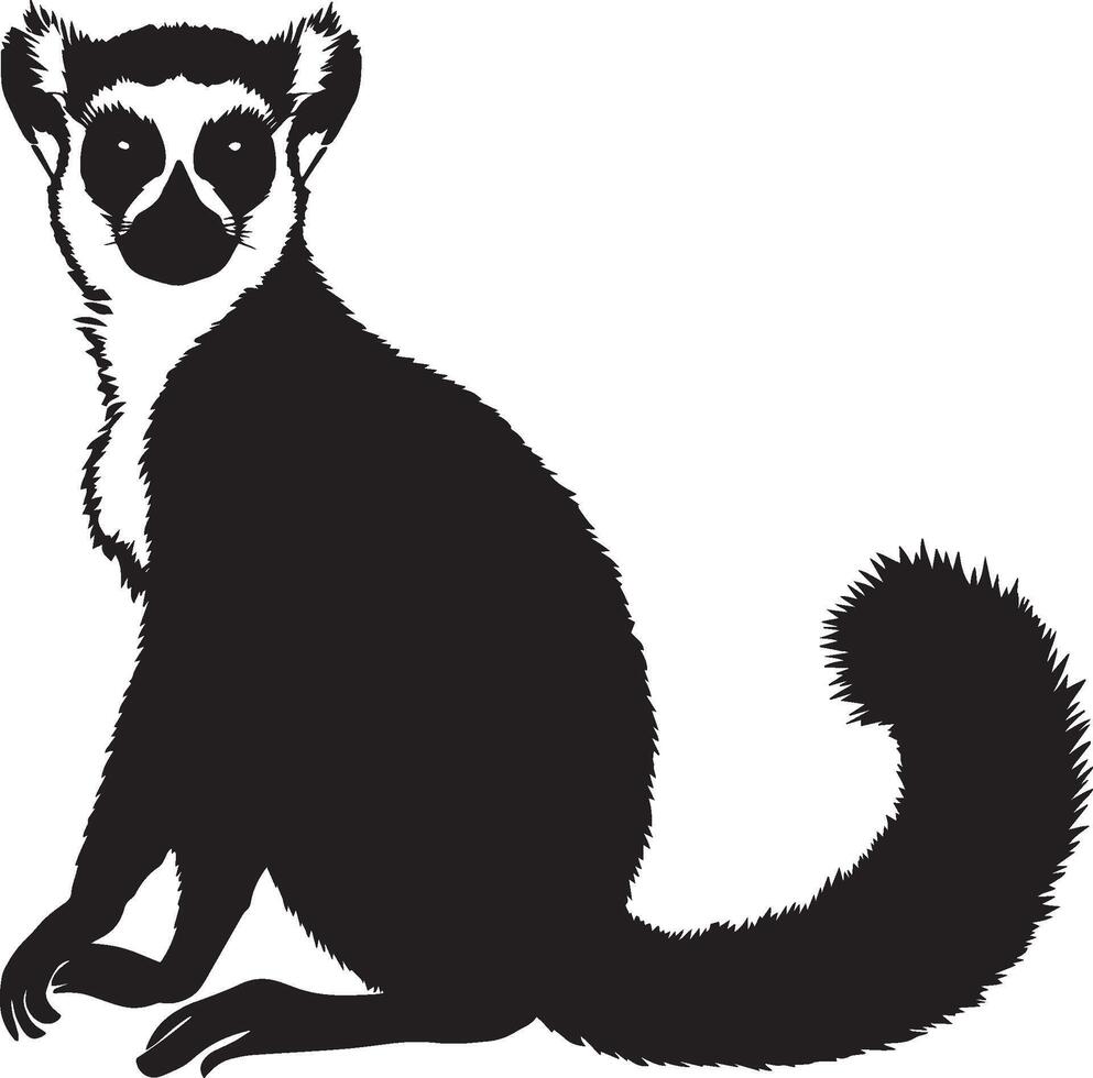 Lemur Alert Body upright with ears perked, tail extended and alert to surroundings. full length silhouette black illustration vector