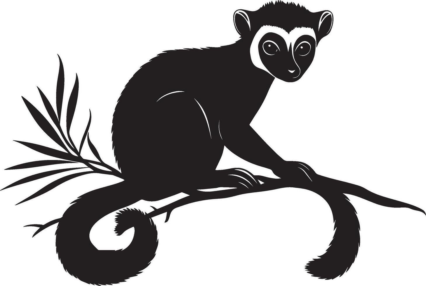 Lemur Resting Body lying on the ground or perched on a branch, curled tail resting beside. full length silhouette black illustration vector
