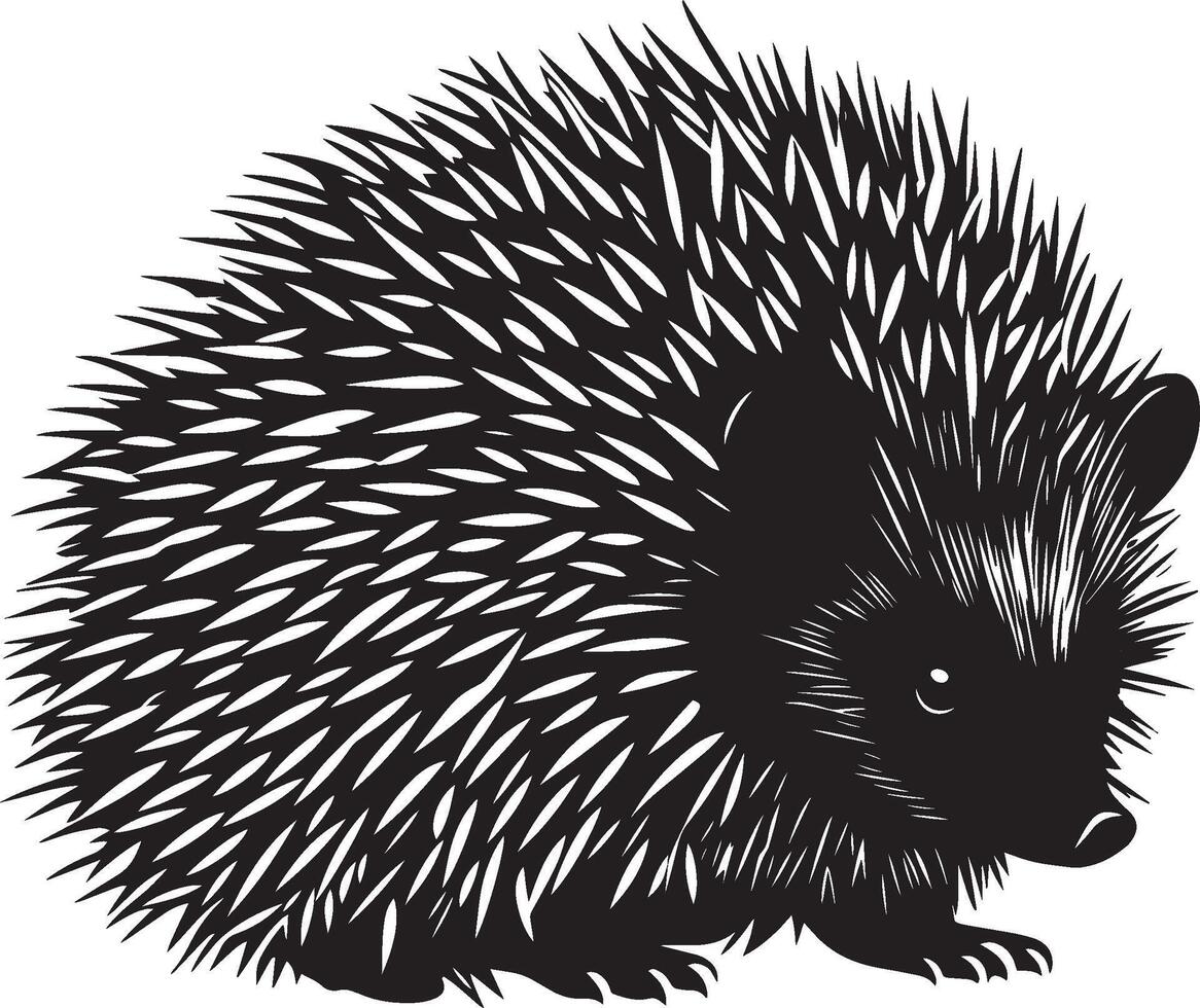 Hedgehog Curling Up Body tightly curled into a ball with spines facing outward, protecting itself. full length silhouette black illustration vector