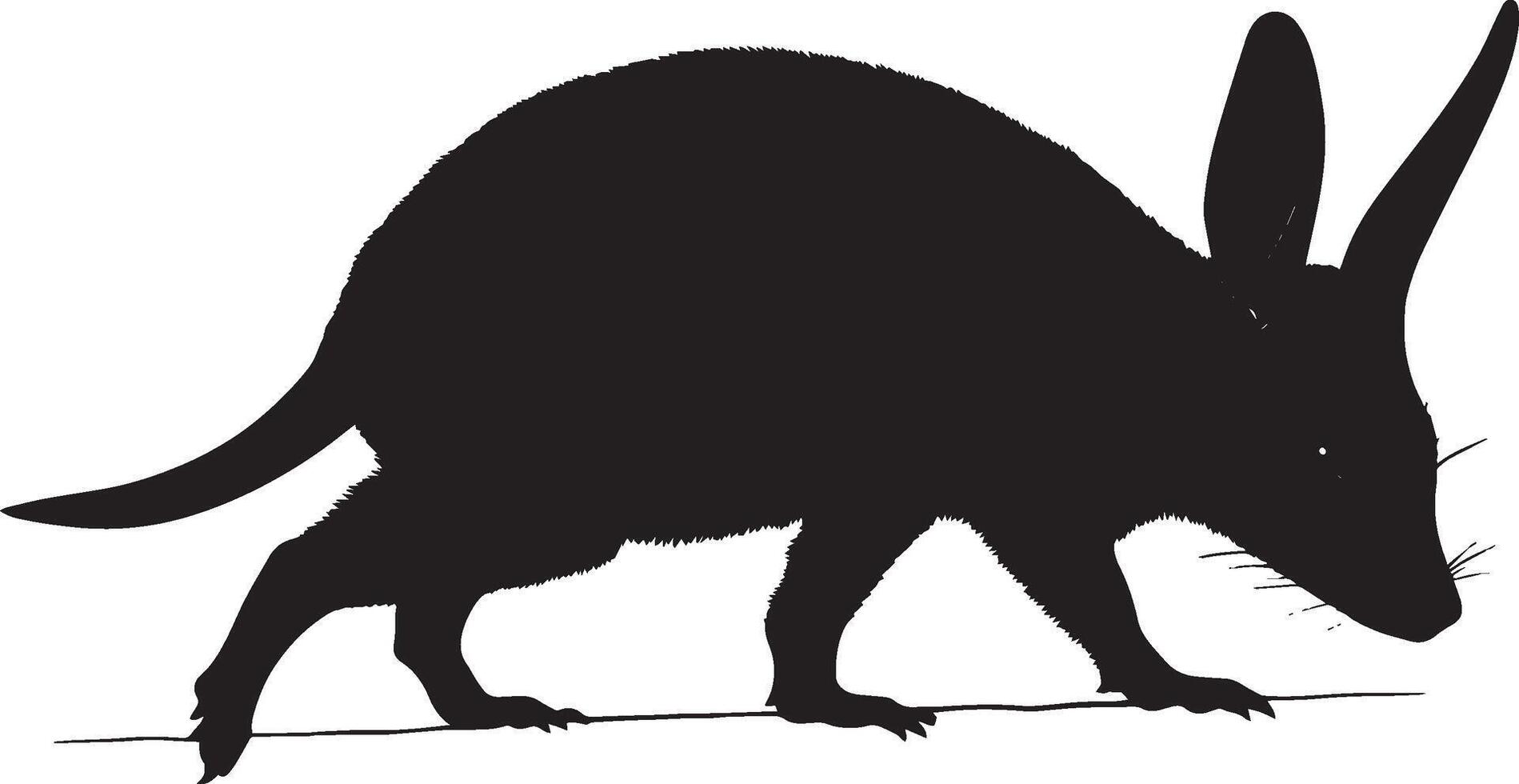 Aardvark in a Relaxed Stroll Body close to the ground, long legs moving at a slow pace, with its tail trailing behind. Full-length silhouette black design. vector