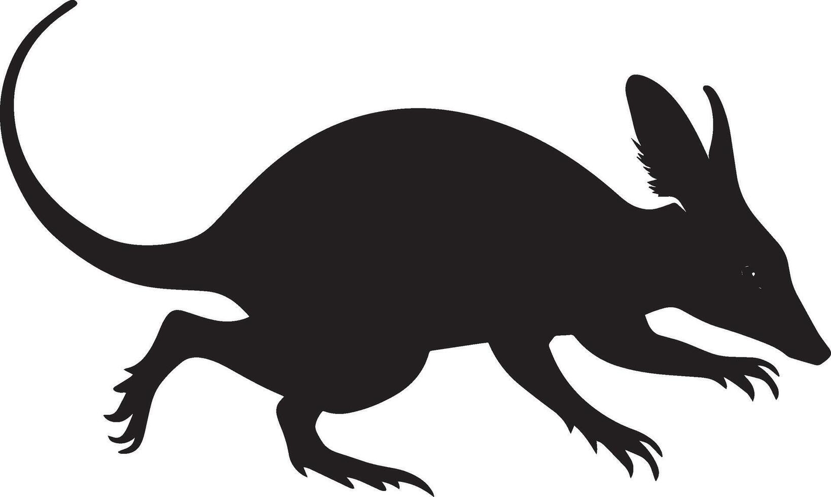 Aardvark in Full Sprint Body elongated with legs racing swiftly, and tail trailing behind in a dynamic stride. Full-length silhouette black design. vector