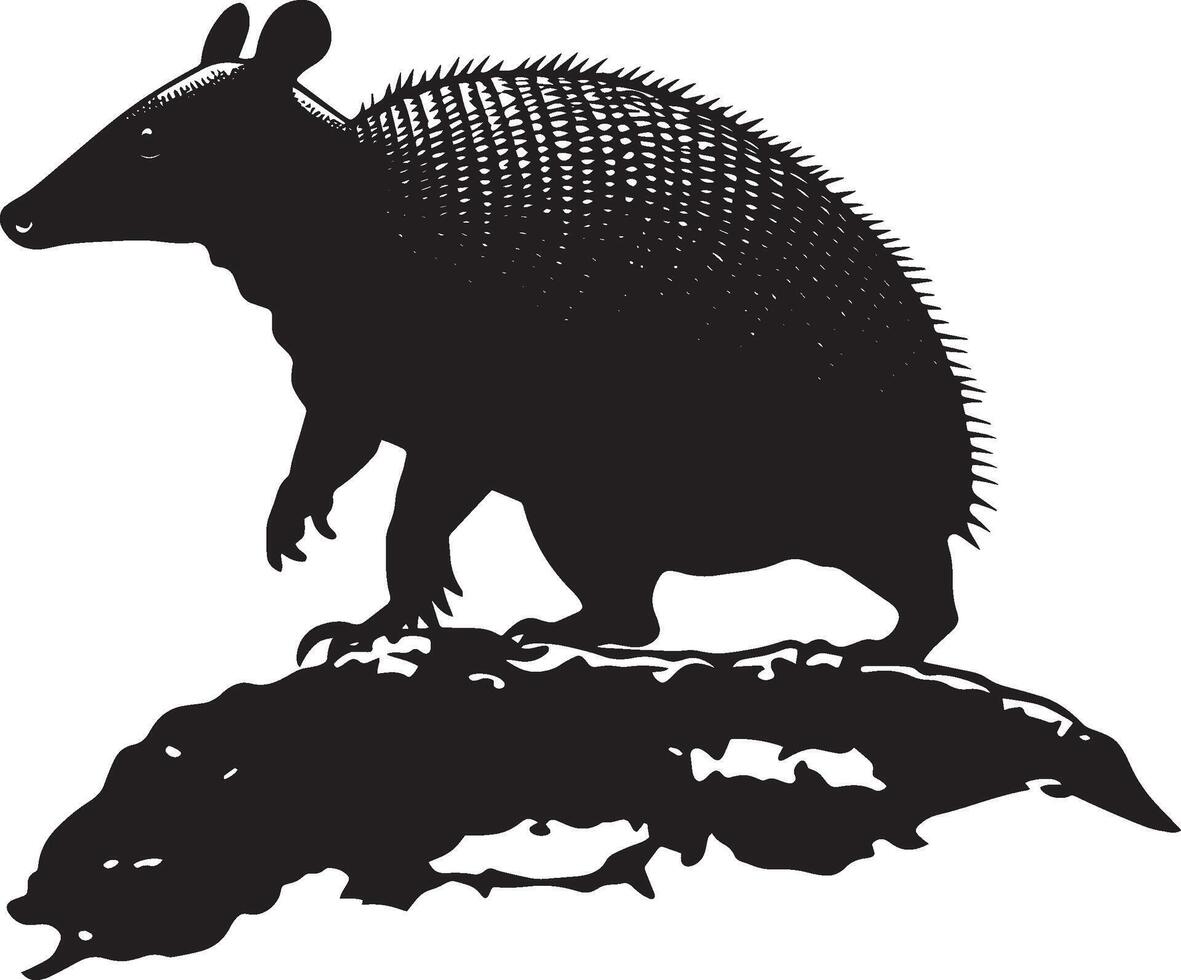 Armadillo Ascending Body positioned slightly upright with legs gripping a surface as it climbs over rocks or logs. Full-length silhouette black design. vector