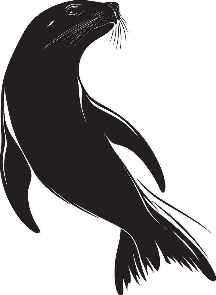 Sea Lion Hunting Body streamlined with head submerged, using flippers to chase fish or other prey. full length silhouette black illustration vector