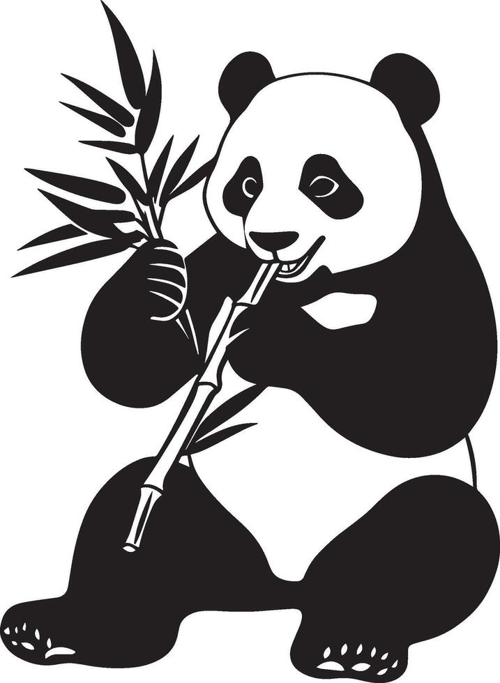 Panda Enjoying a Meal Body hunched forward with paws grasping bamboo, calmly chewing and savoring its food. Full-length silhouette black design. vector