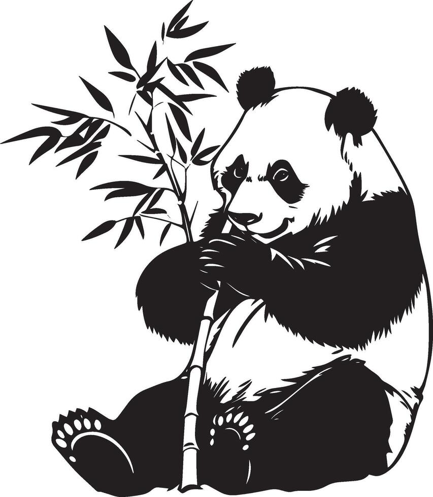 Panda Eating Body hunched forward with paws holding bamboo, chewing calmly. full length silhouette black illustration vector