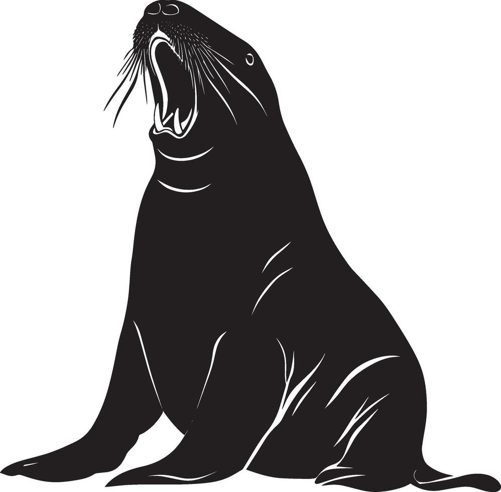 Walrus Vocalizing Head raised, mouth open, with a posture showing loud vocalization. full length silhouette black illustration vector