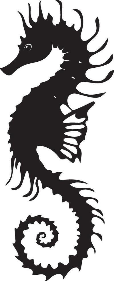 Seahorse Drifting in the Water Body upright with a loosely curled tail, gently floating along with the current. Full-length silhouette black design. vector