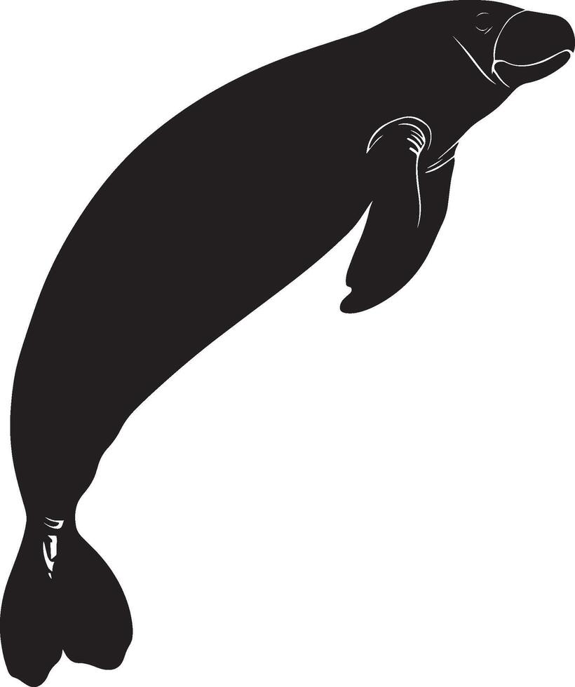 Manatee Gliding Through Water Body elongated with flippers extended, swimming gracefully and effortlessly beneath the surface. Full-length silhouette black design. vector