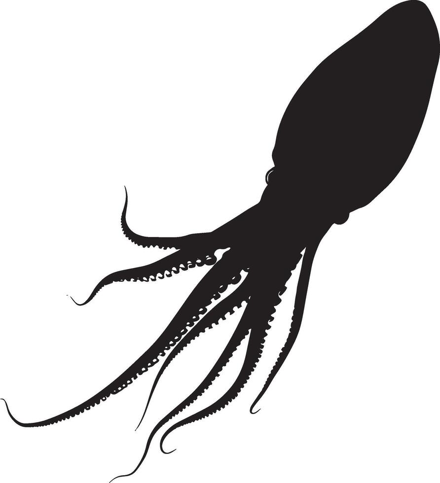 Squid Crawling Body low to the surface with arms and tentacles gripping, moving slowly along the ocean floor. full length silhouette black illustration vector