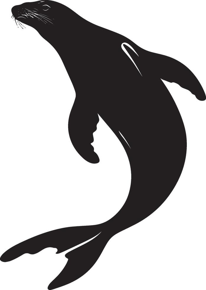 Sea Lion Underwater Hunting A silhouette of a sea lion with its body streamlined, head submerged while actively pursuing fish or other prey. Full-length silhouette black illustration. vector