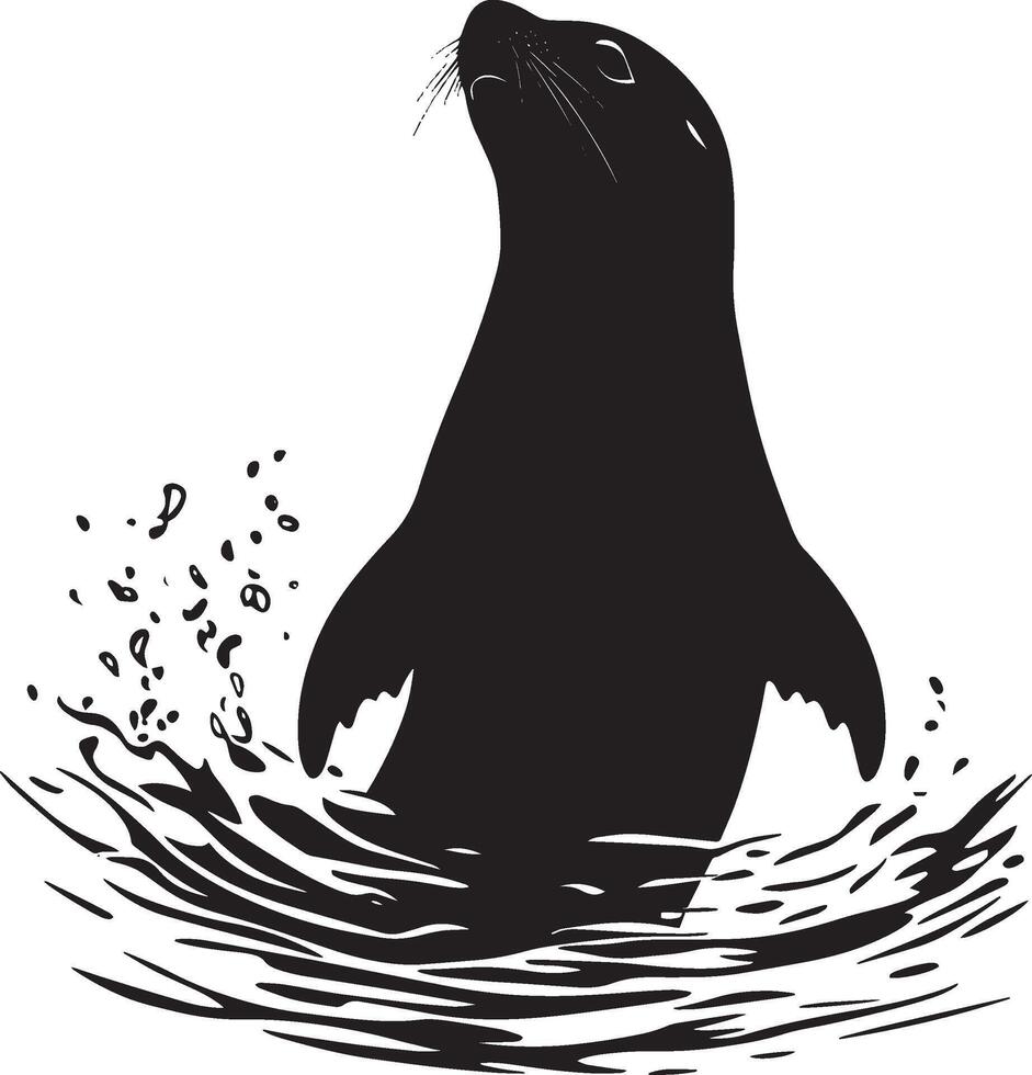 Sea Lion Playing Body upright in the water with flippers moving playfully, interacting with objects or others. full length silhouette black illustration vector