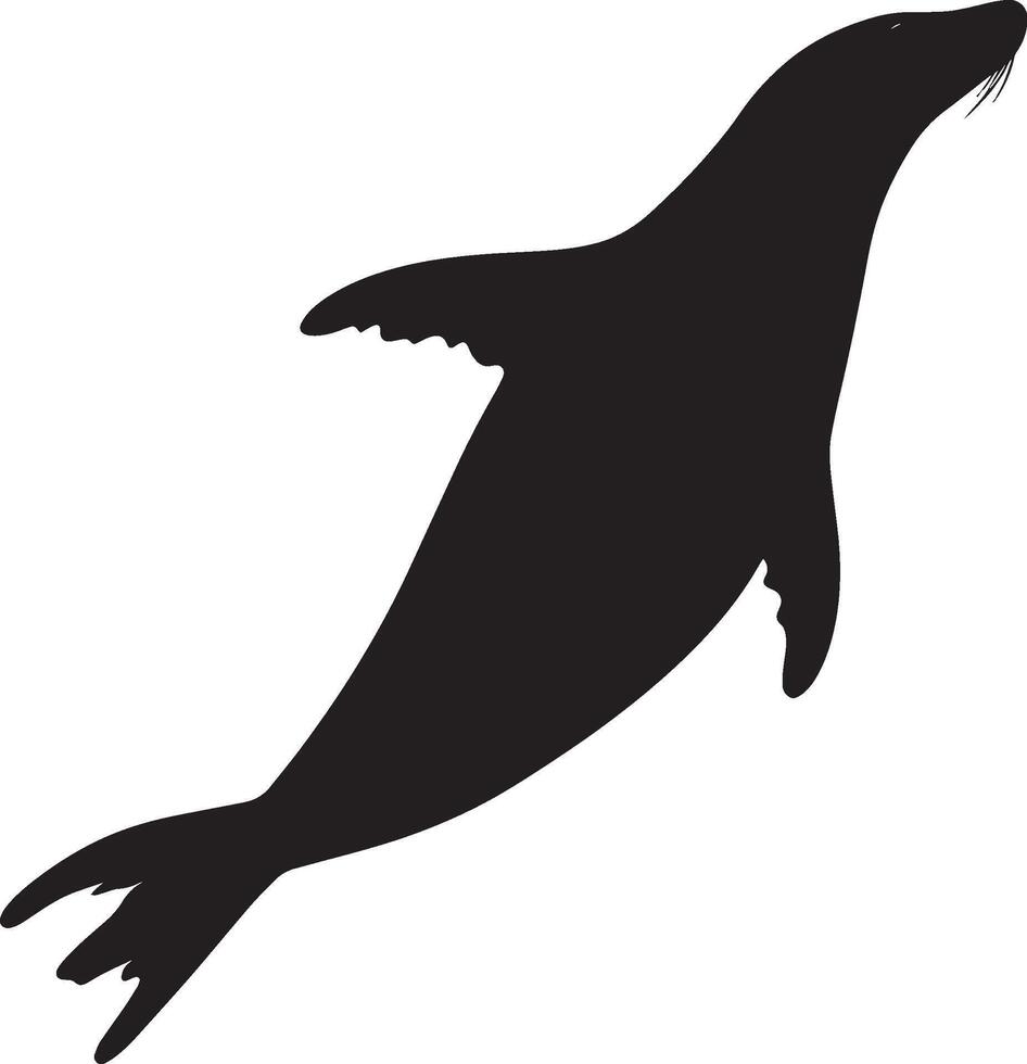 Sea Lion Submerging Body angled downwards with flippers extended, gracefully diving beneath the water's surface. Full-length silhouette black design. vector