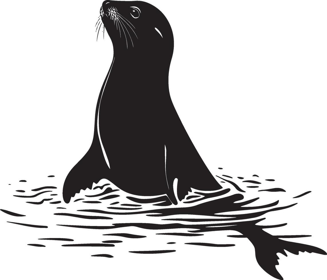 A silhouette showing a sea lion in an upright position, flippers playfully waving as it interacts with its surroundings. Full-length silhouette black artwork. vector