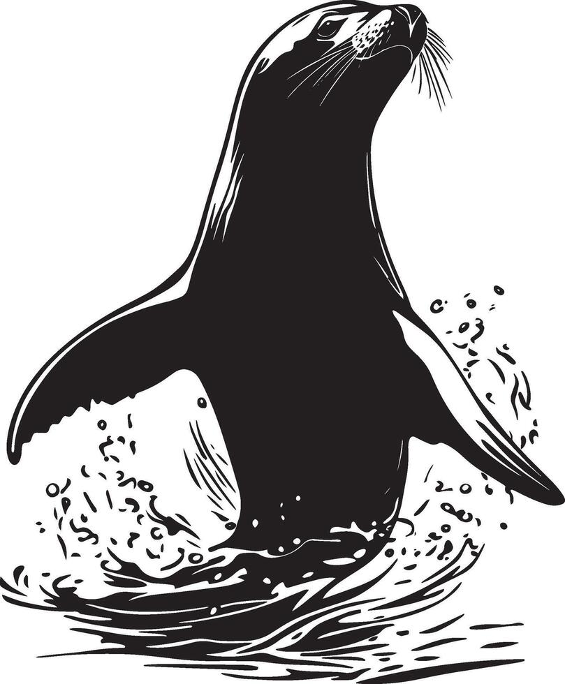 A silhouette of a sea lion with its body standing tall in the water, flippers animatedly playing with items or companions. Full-length silhouette black illustration. vector