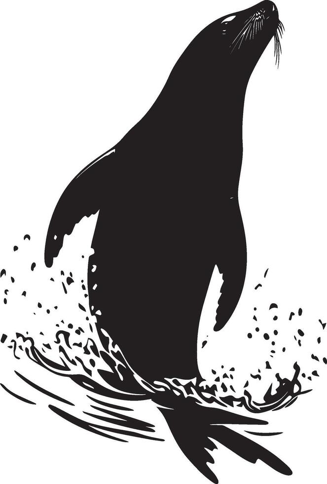Sea Lion Having Fun Body upright in the water, flippers moving playfully as it interacts with objects or fellow sea lions. Full-length silhouette black design. vector