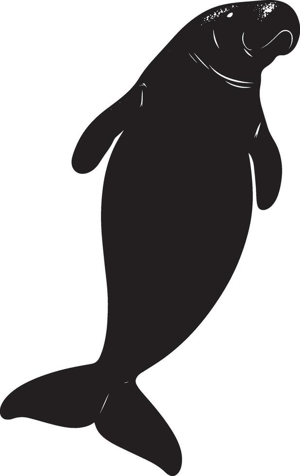 Manatee Having Fun Body in an upright position with flippers lifted, playfully interacting with water or other manatees. Full-length silhouette black design. vector