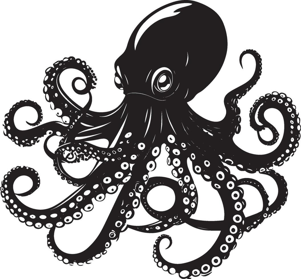 Octopus Resting Body curled with arms relaxed, tucked in close to the body. full length silhouette black illustration vector