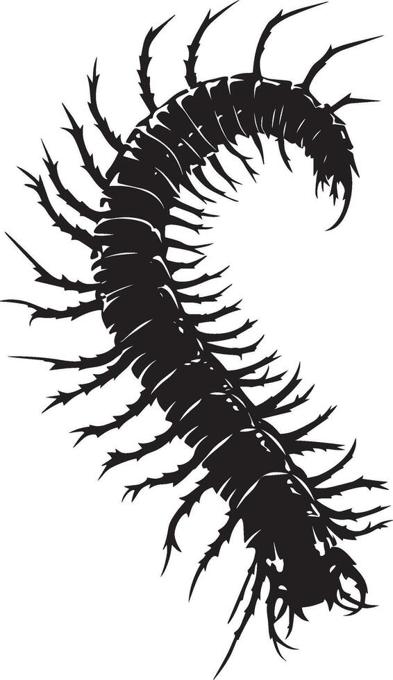 Centipede Hiding Body partially hidden in crevices or under leaves, legs visible. full length silhouette black illustration vector