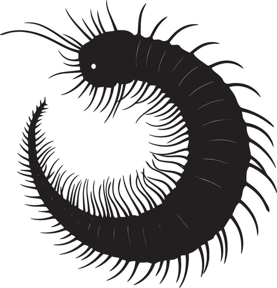 Millipede in a Defensive Ball Body tightly curled with legs extending outward, creating a protective barrier against threats. Full-length silhouette black design. vector