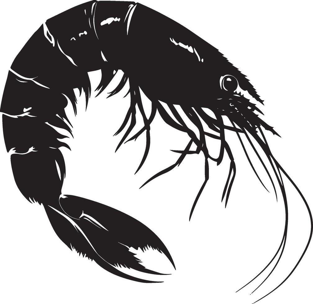 Shrimp in Mid-Jump Body arched with tail extended and curled, preparing for a swift leap. Full-length silhouette black design. vector