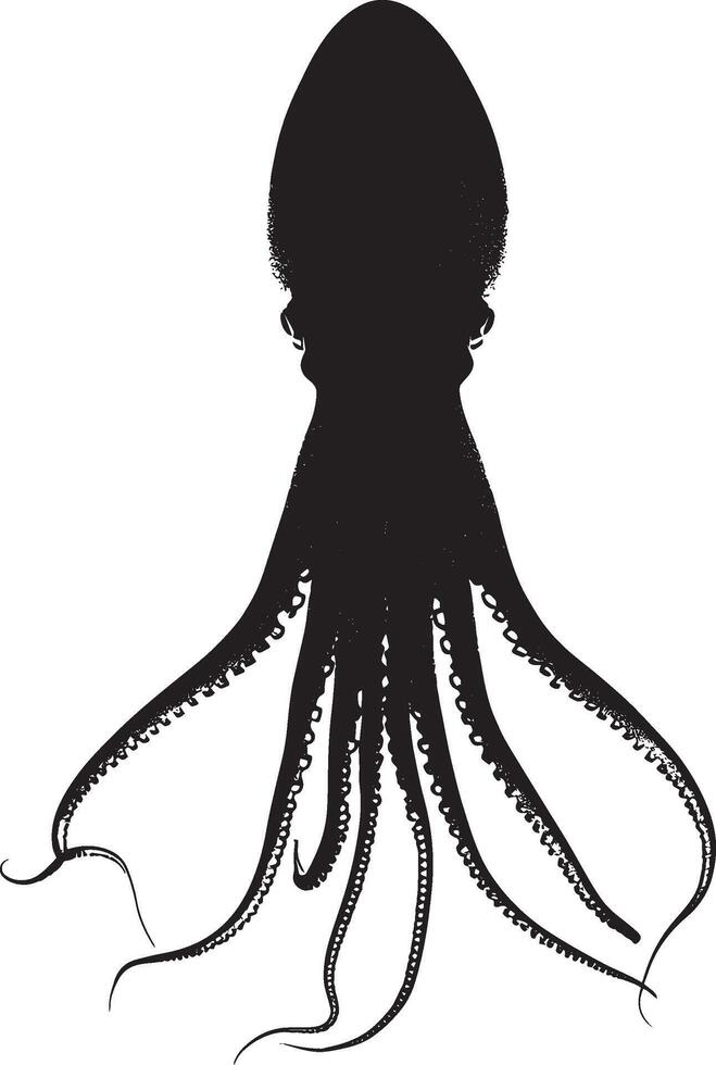 Squid Blending into Its Surroundings Body adapted to the environment, with tentacles and fins extended in a natural pose. Full-length silhouette black design. vector