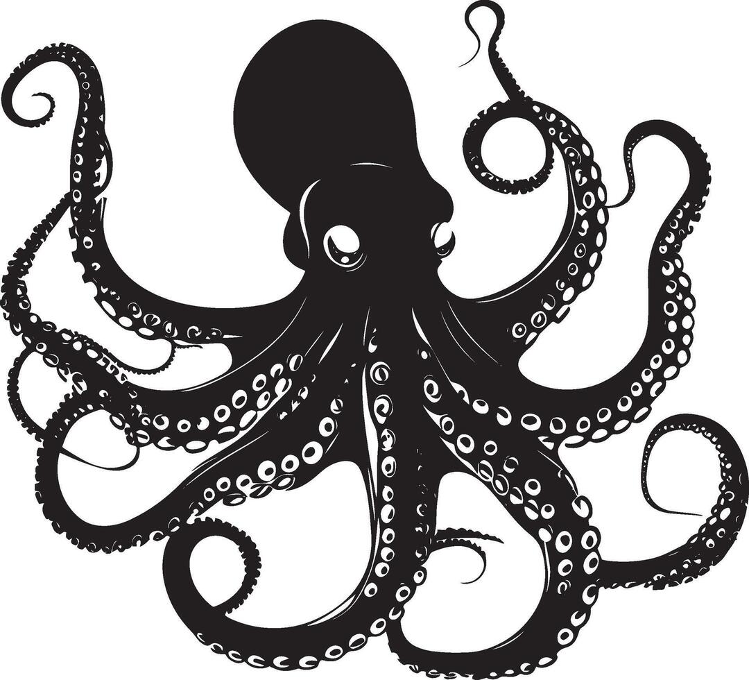 Octopus Defending Body puffed up with arms spread wide, creating an intimidating posture. full length silhouette black illustration vector