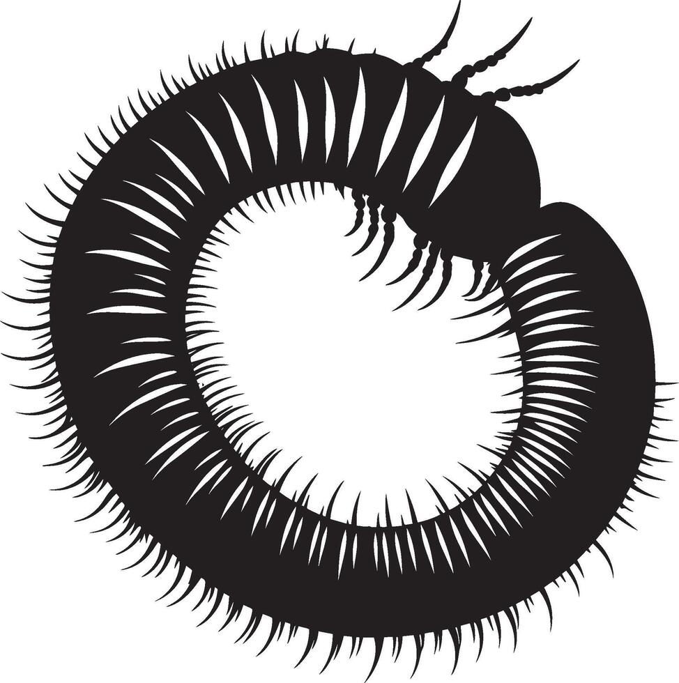Millipede Turning Body curved while turning in a circular motion, legs adjusting accordingly. full length silhouette black illustration vector