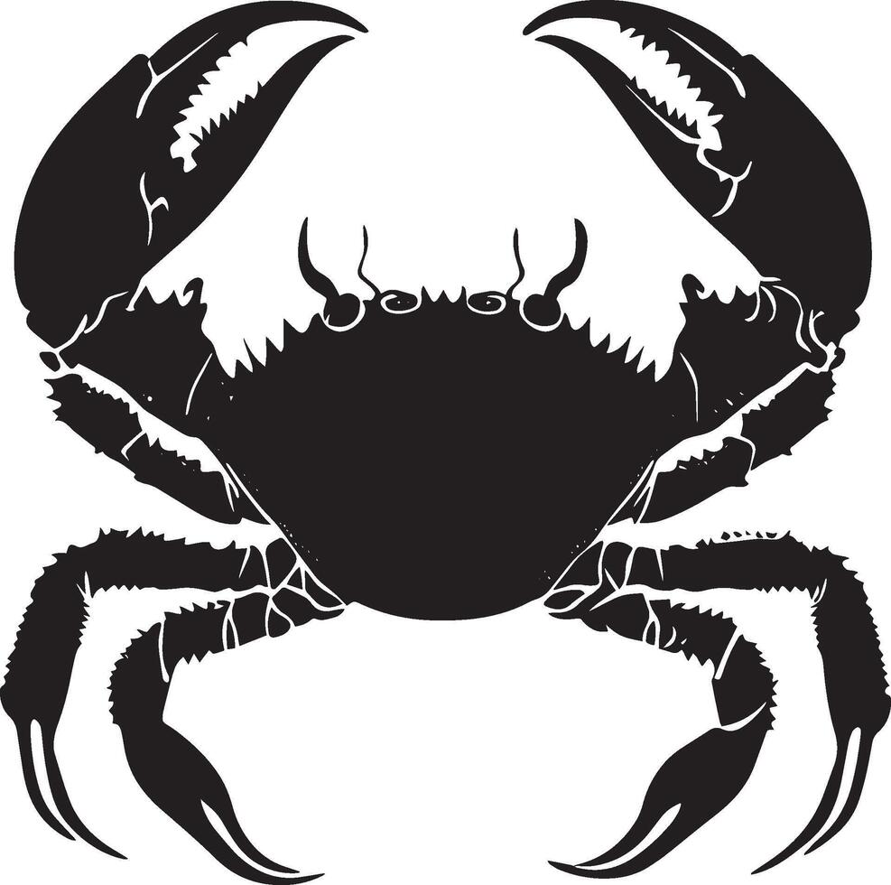 Crab in Defensive Stance Body elevated with claws wide open and spread, prepared to strike in a protective posture. Full-length silhouette black design. vector